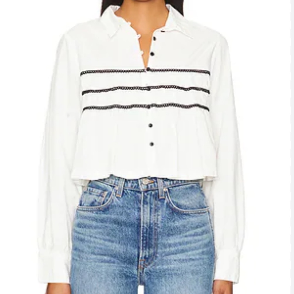 Free People Lace Lover White Blouse Medium Button Down Top Long Sleeve